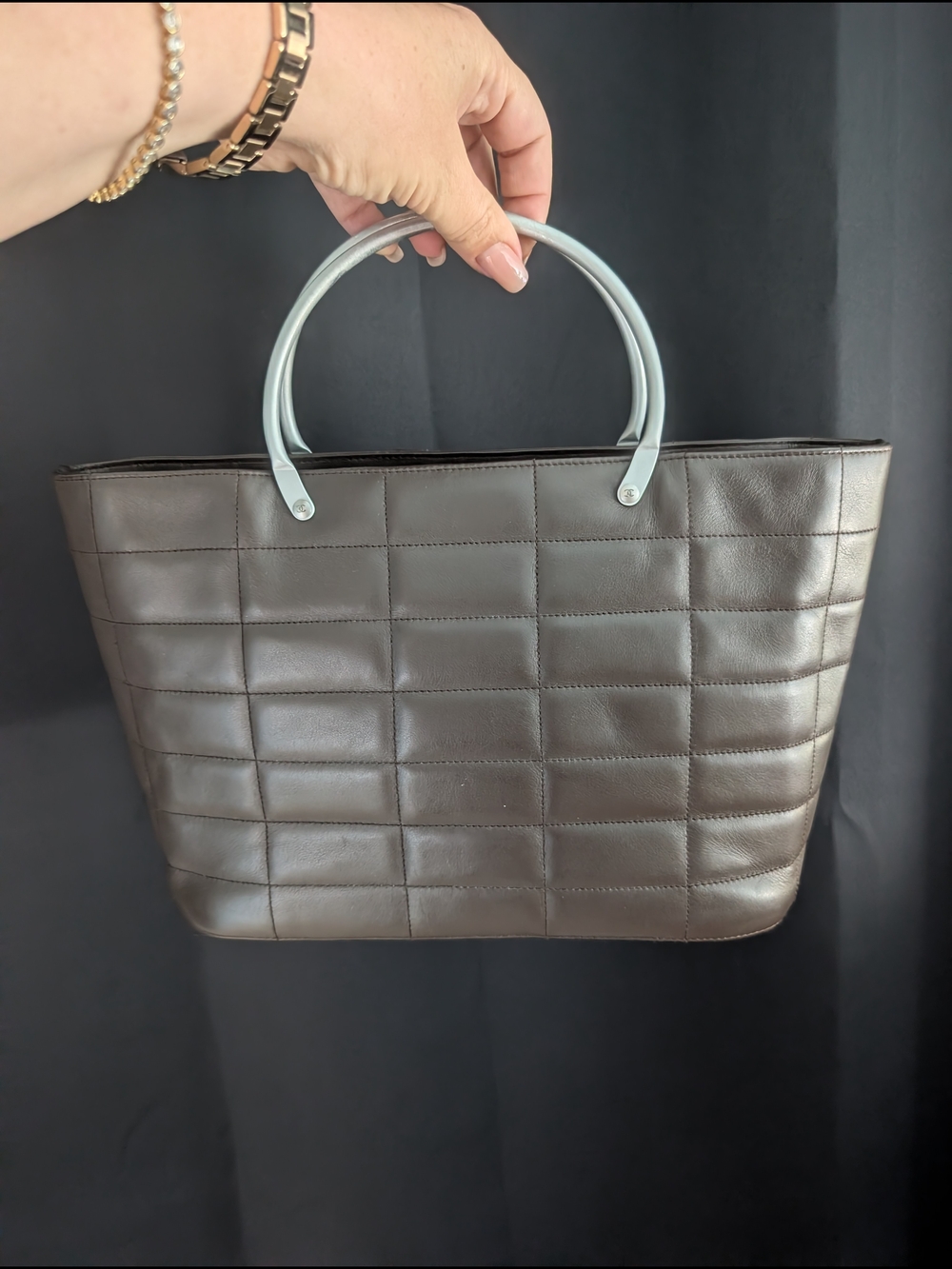 Chanel Chocolate Bar Leather Tote Bag with Metal Handles - Brown